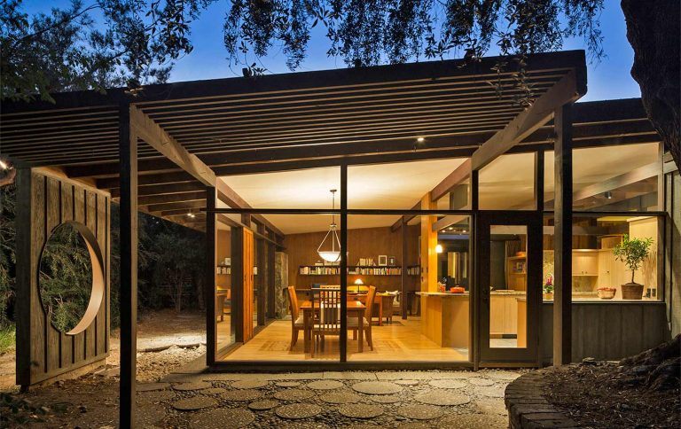 Custom Mid-Century Modern Home with Post and Beam Architecture seen at dusk by HartmanBaldwin
