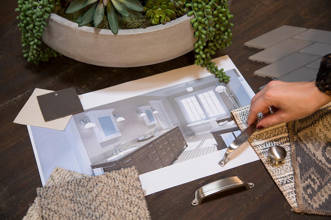 Architectural render of bathroom and selection of carpets, cloths, and cabinet fixtures.