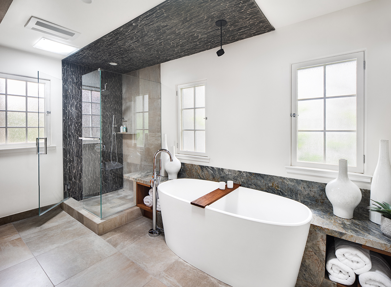 English cottage style bathroom interior showcasing luxury shower and bath features in Southern California