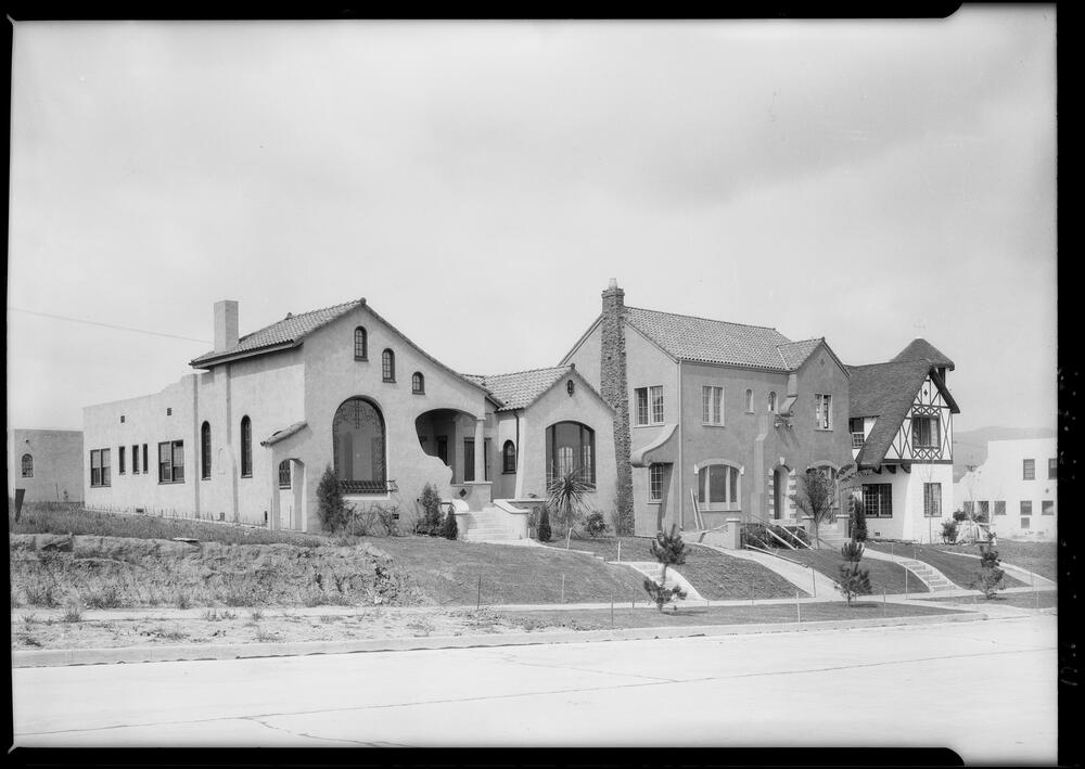Beverly Hills Heights, Miss Dorothy Dunbar, Beverly Hills, CA, 1 - Hartman Baldwin Pre-Launch Vintage photograph of various revival style homes in a Beverly Hills neighborhood