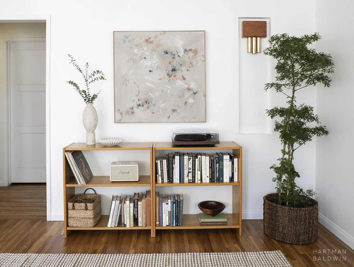 Bookcase, framed art, potted tree, and doorbell chimes in front entryway