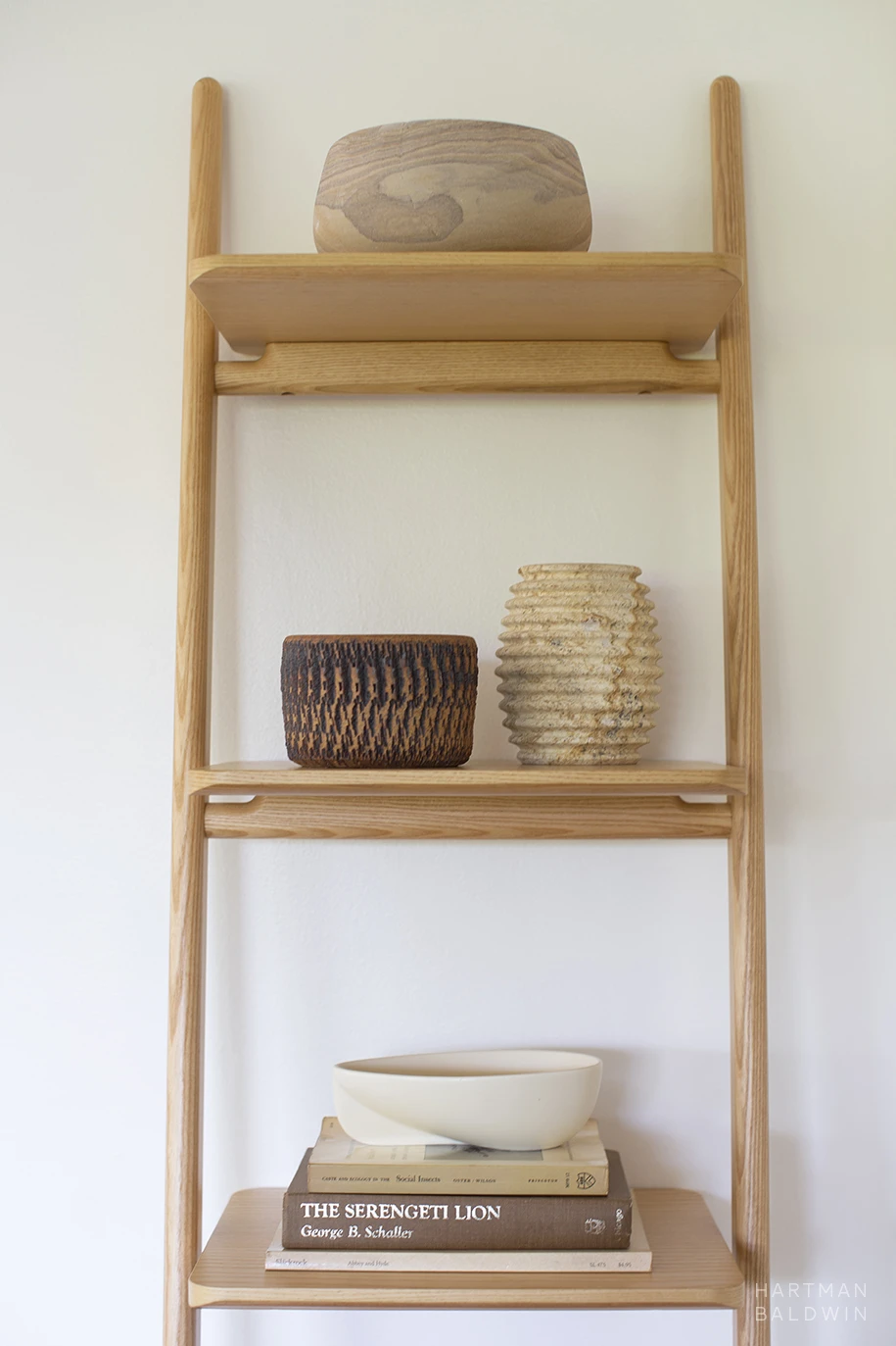 Light-stained wood ladder shelf with neutral-colored ceramics and science-themed books.