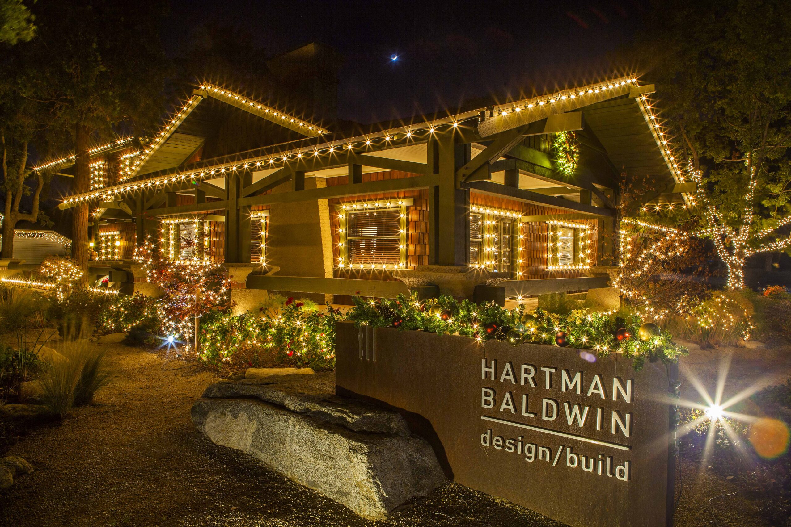 HartmanBaldwin Claremont Office Christmas Lights - Hartman Baldwin Pre-Launch HartmanBaldwin's Claremont office at night with Christmas lights