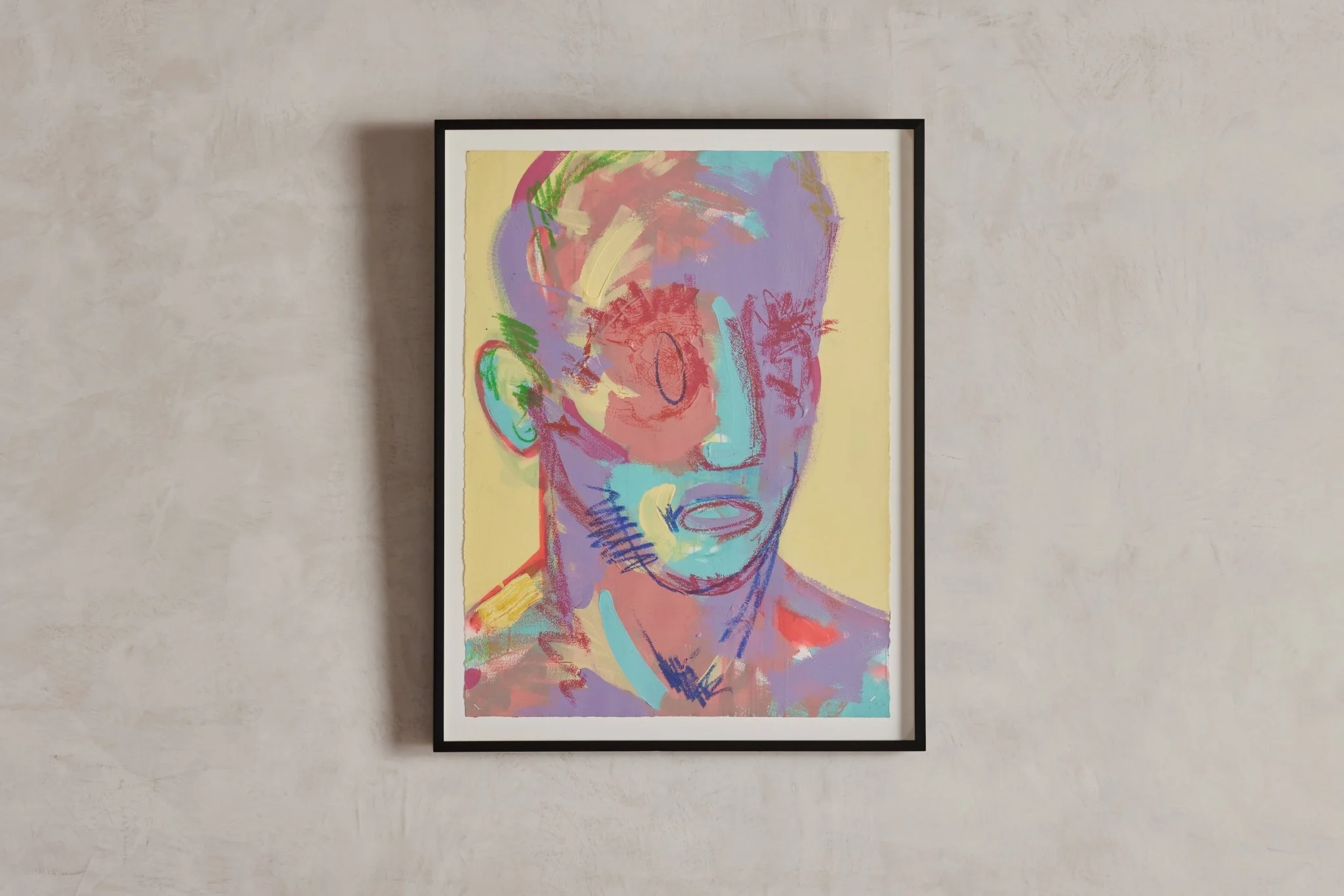 Nickey Kehoe Fine Art Collection Santiago Pani Personal Universe #3 - Hartman Baldwin Pre-Launch Colorful, abstract male portrait with shocked expression on yellow background