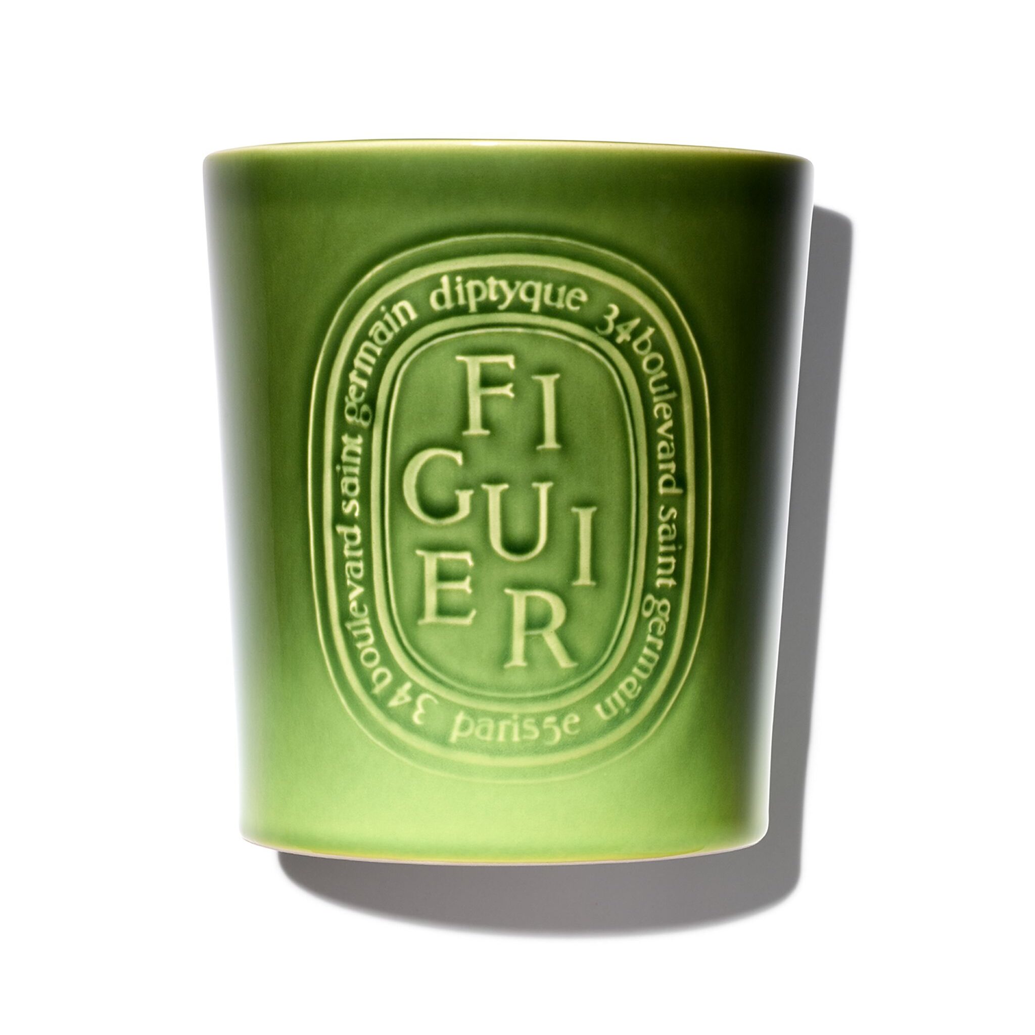 Violet Grey Diptyque Figuier Candle - Hartman Baldwin Pre-Launch Green ceramic embossed candle vessel